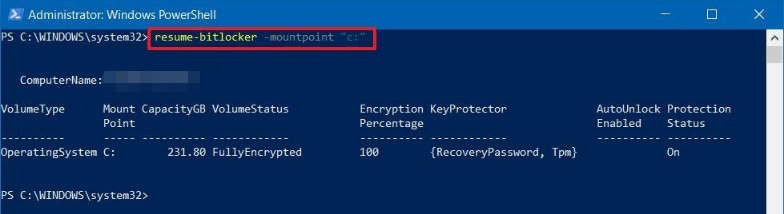 resume BitLocker vis PowerShell