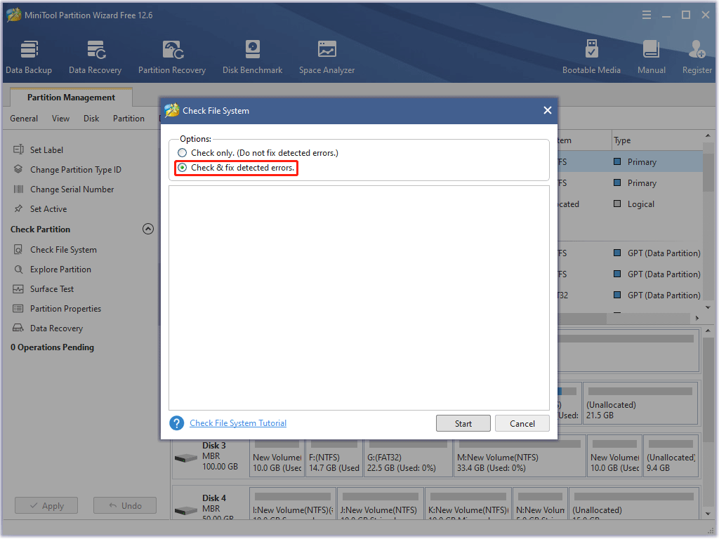 select Check & fix detected errors