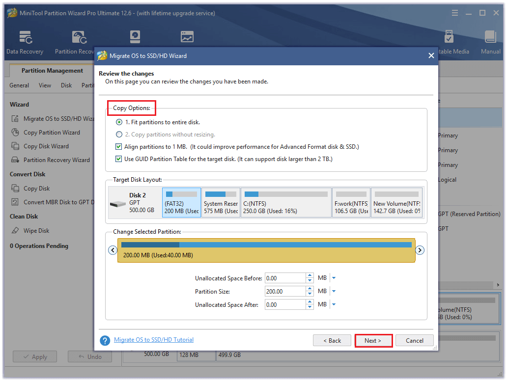 review changes that you have made to the target disk