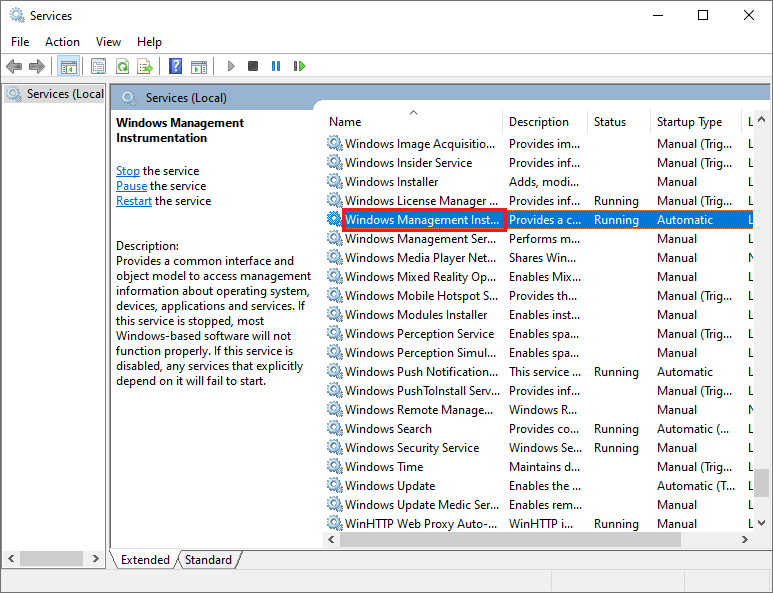 select the Windows Management Instrumentation service