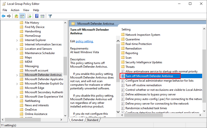 select Turn off Microsoft Defender Antivirus
