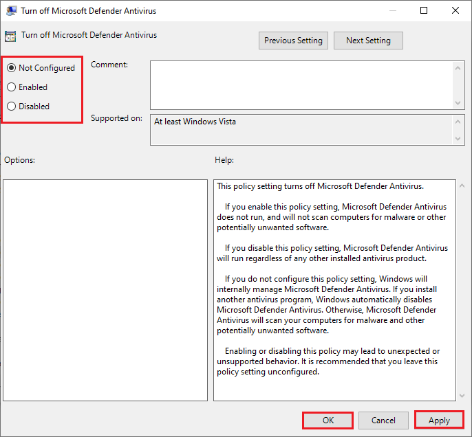 disable the Turn off Microsoft Defender Antivirus option