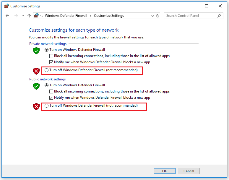 check the two boxes to disable the Windows Firewall