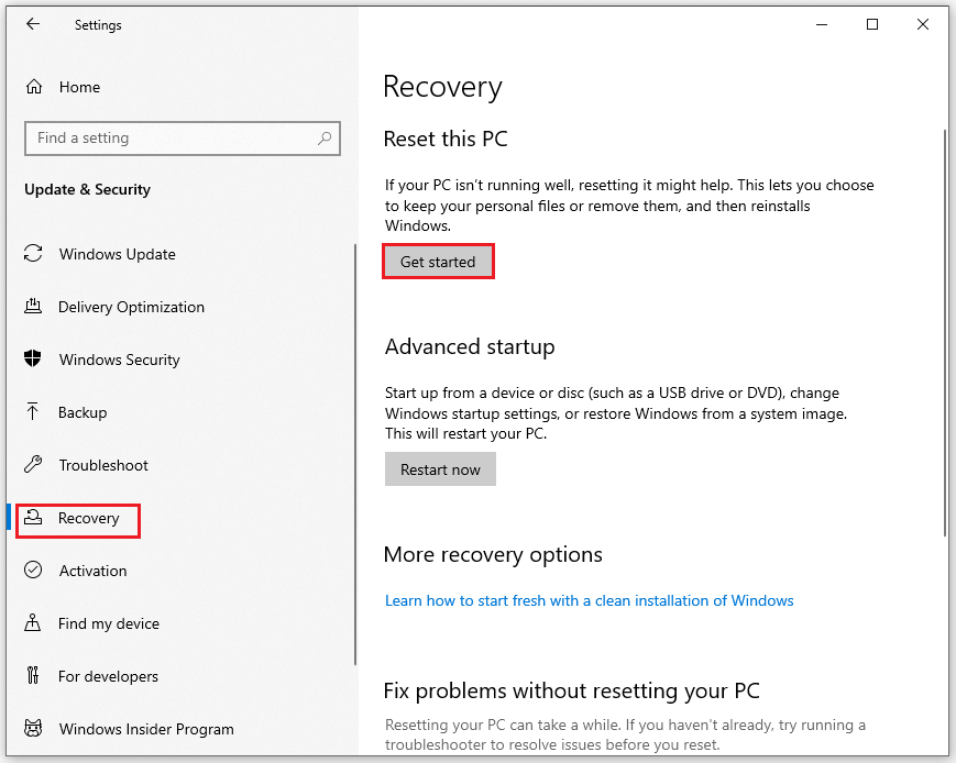 click on the Get started button to start resetting Windows 10
