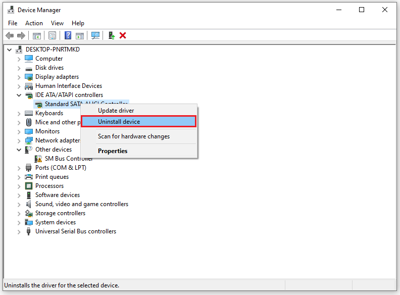 select Uninstall device from the menu to uninstall it