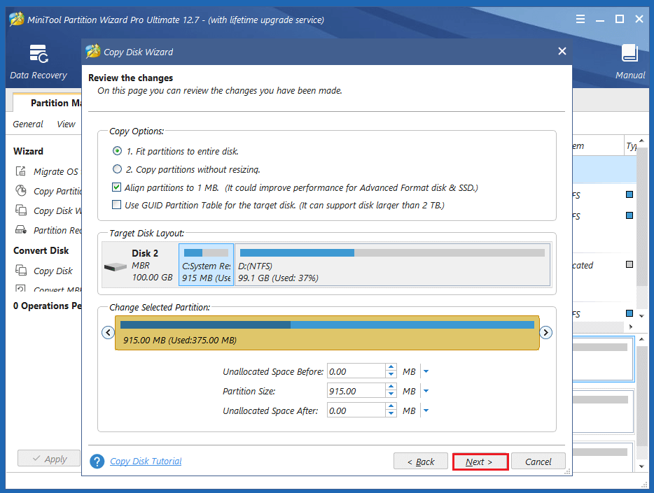 select the copy option and click Next