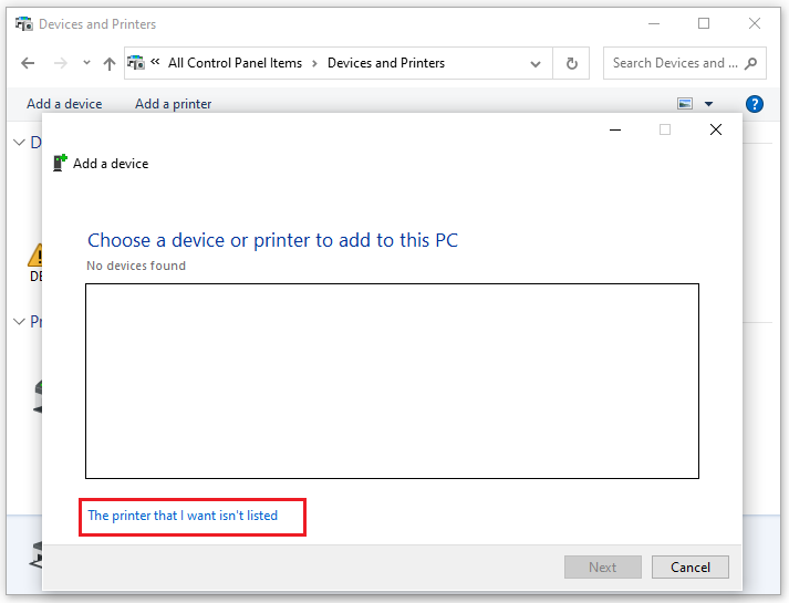 select The printer that I want isn’t listed