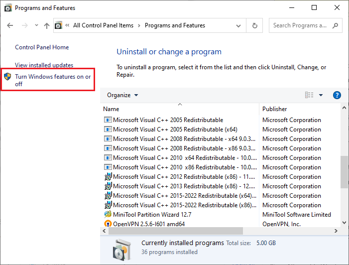 select Turn Windows features on or off