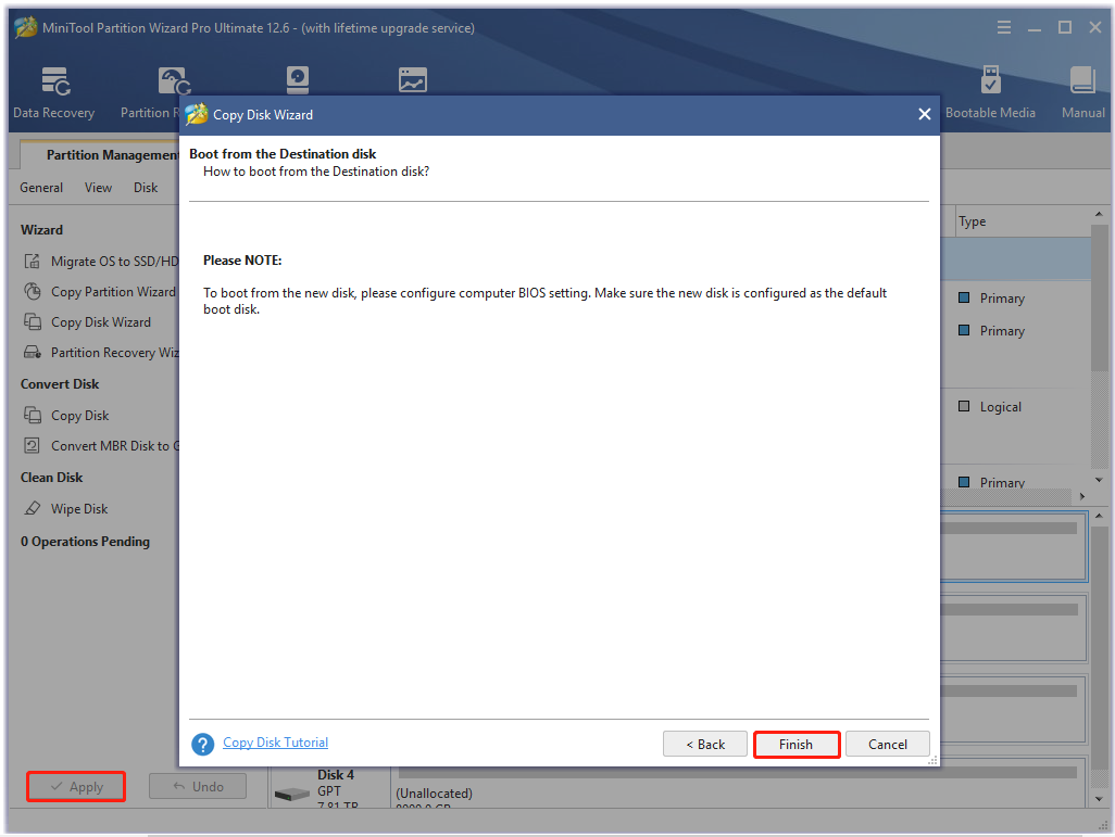 click Finish and Apply to copy the disk