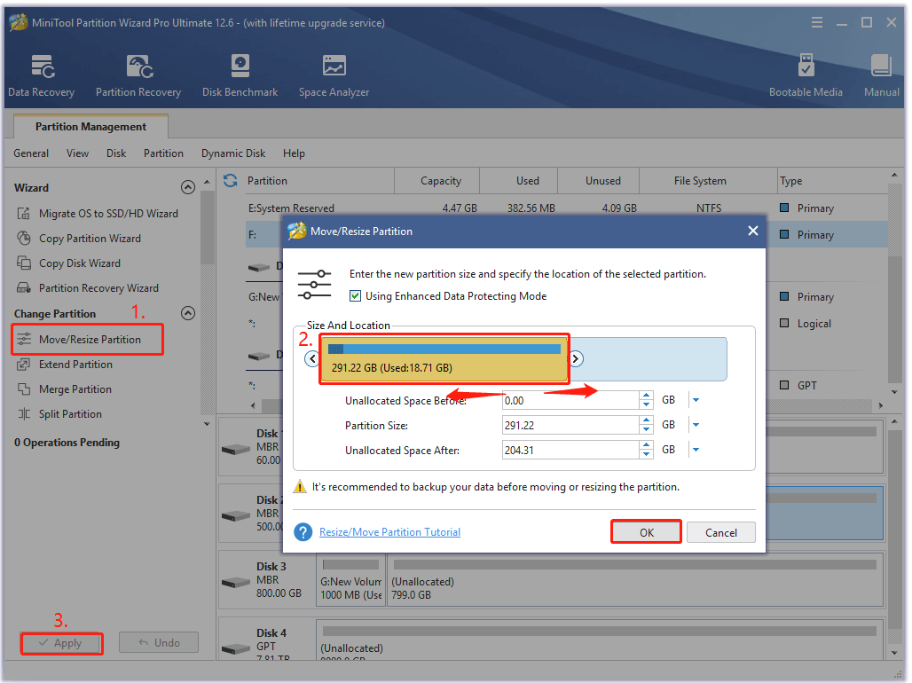 resize partition using the MiniTool software