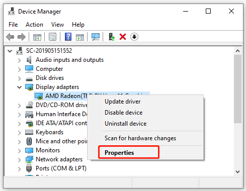 select Properties of the graphics card driver