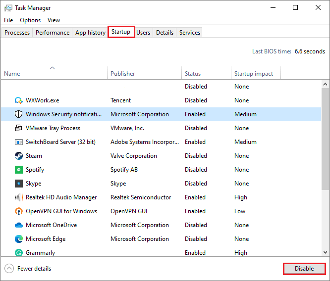 disable the startup item