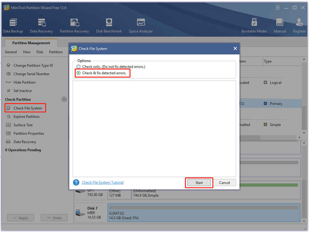 check file system using MiniTool Partition Wizard