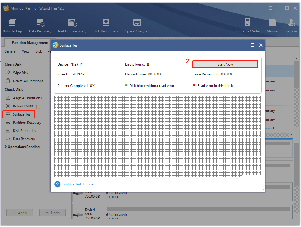 select Surface Test in MiniTool Partition Wizard