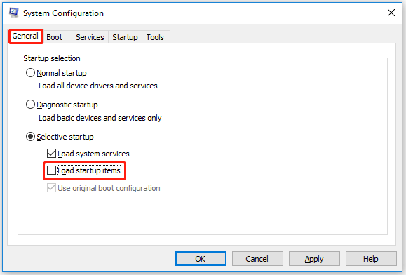 uncheck the Load startup items box