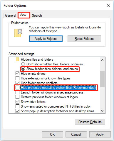 enable the display of hidden files and folders