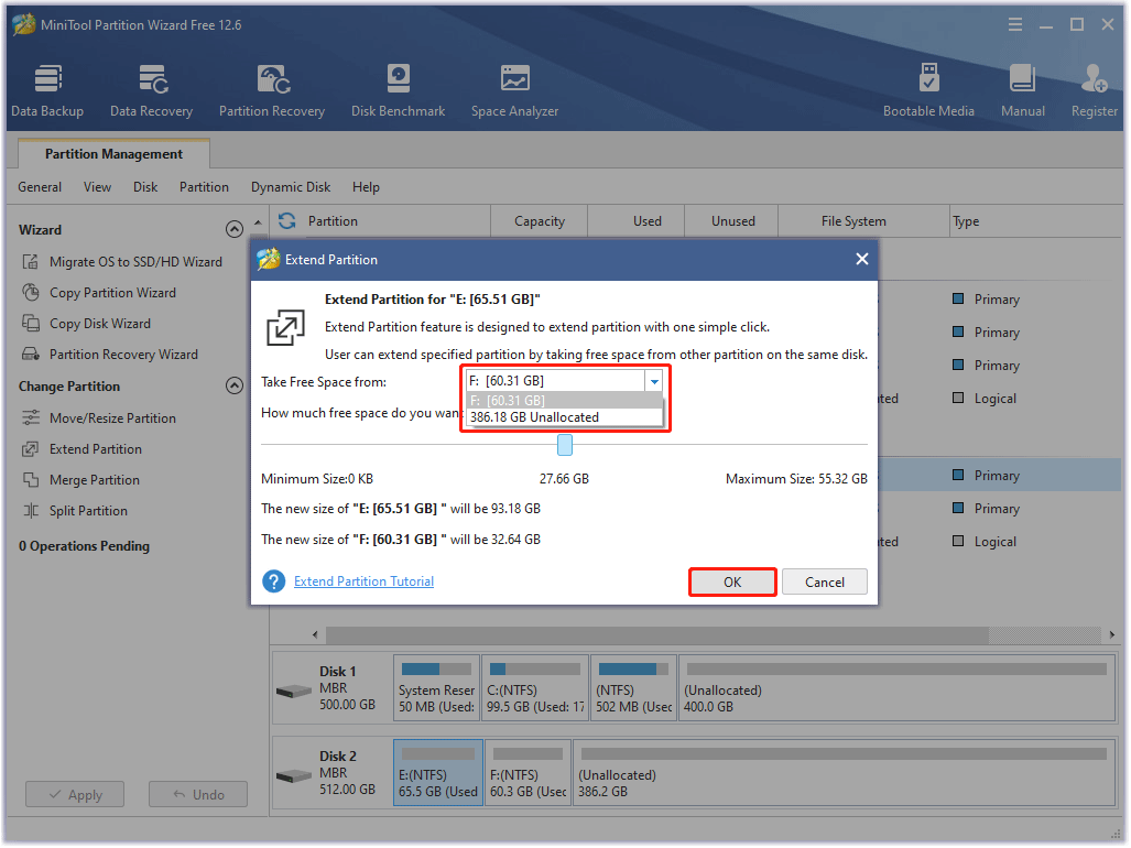 extend partition using MiniTool Partition Wizard