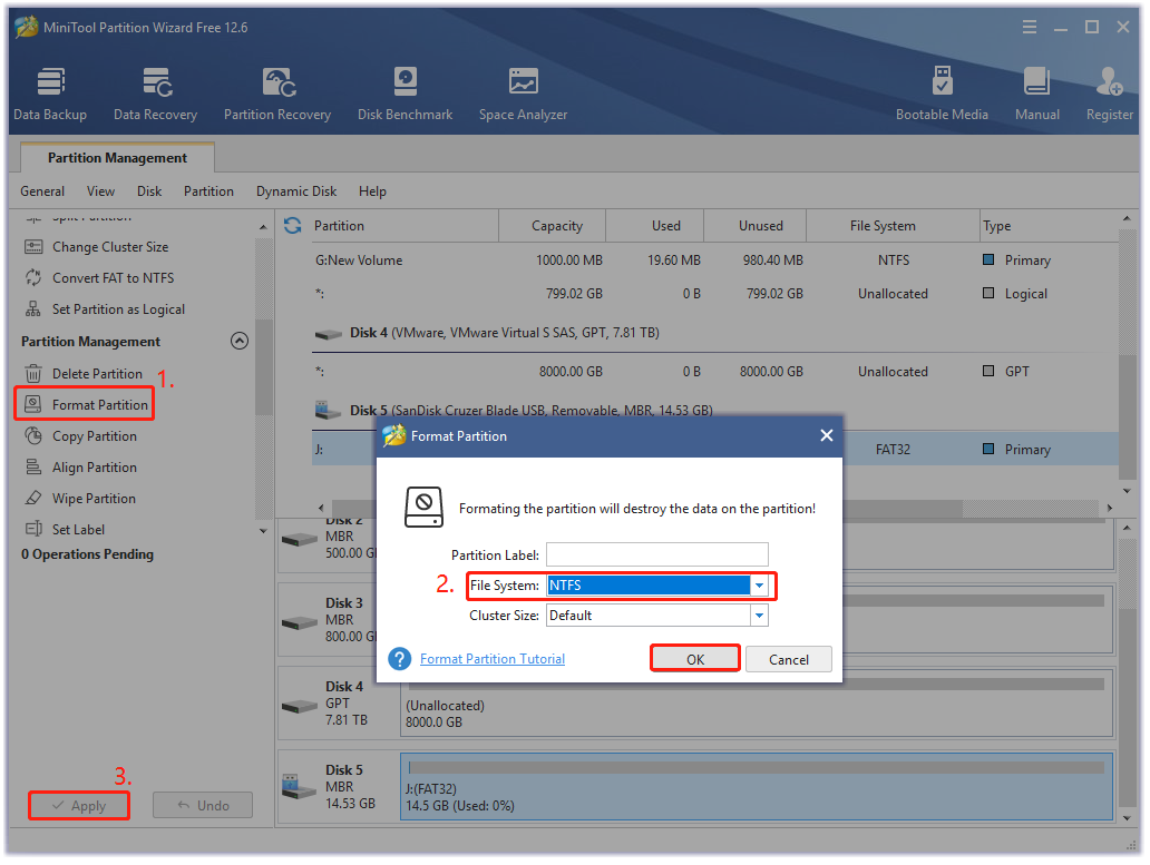 format a USB drive using MiniTool Partition Wizard
