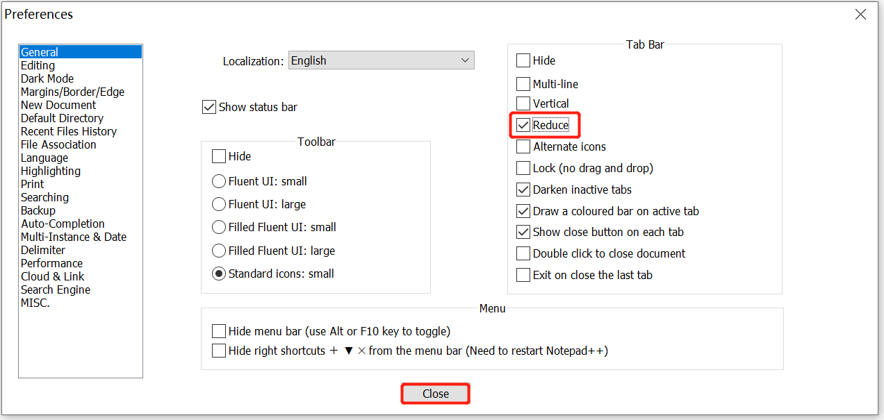 reduce the tab font size in Notepad