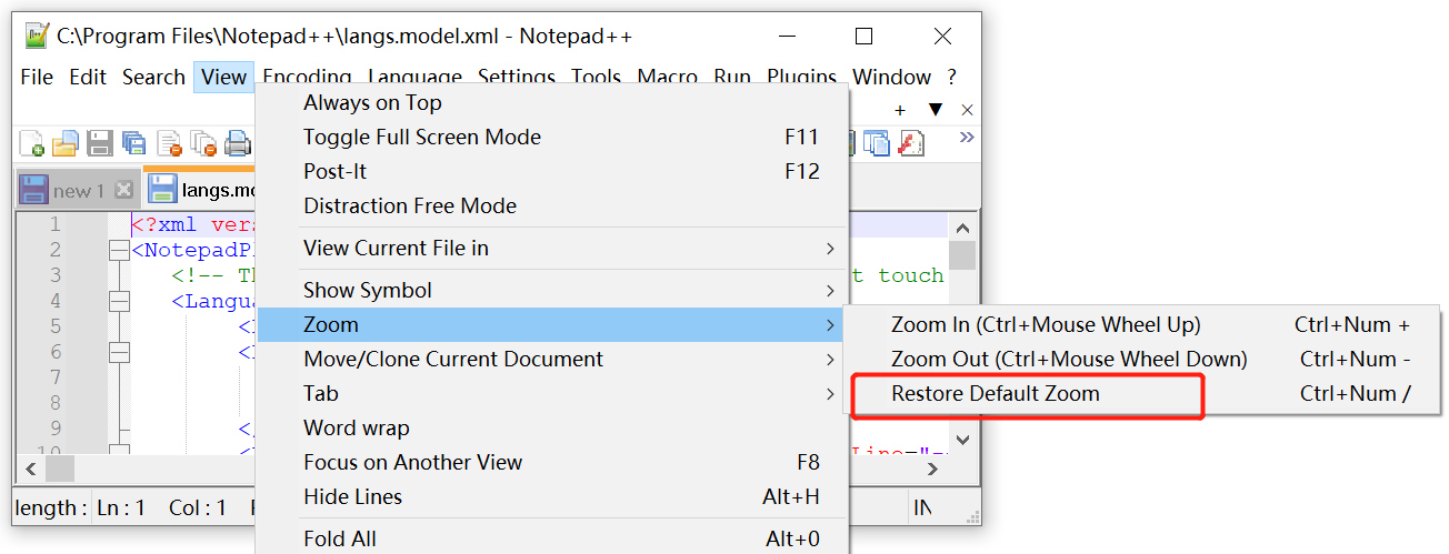restore default zoom in Notepad