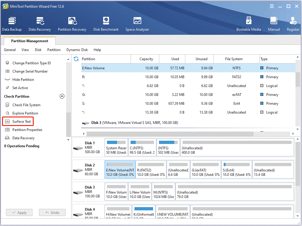 click on the Surface Test option