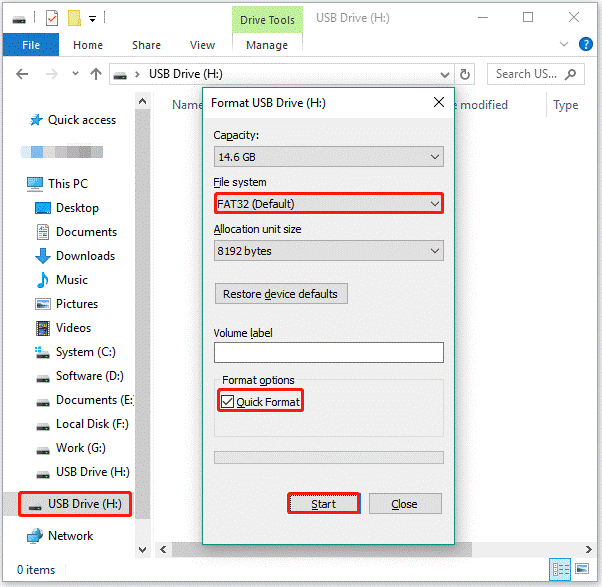 format USB drive via File Explorer