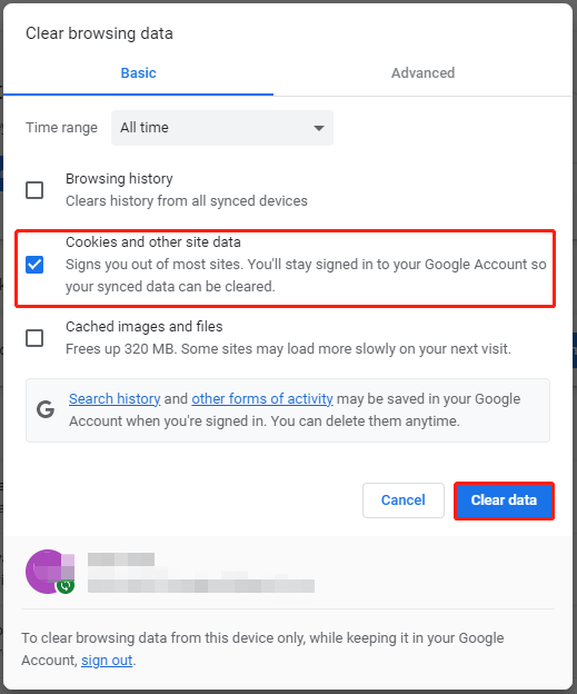 click the Clear data button