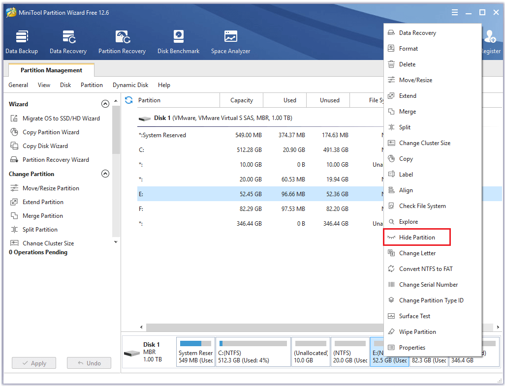 select Hide Partition function