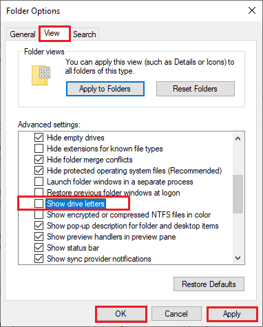uncheck Show drive letters box