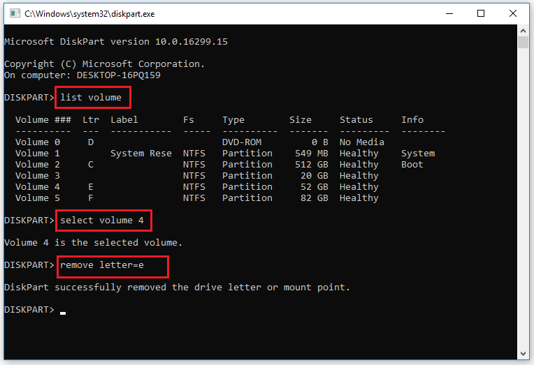 type commands to remove the drive letter