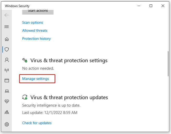 click Manage settings on Windows security