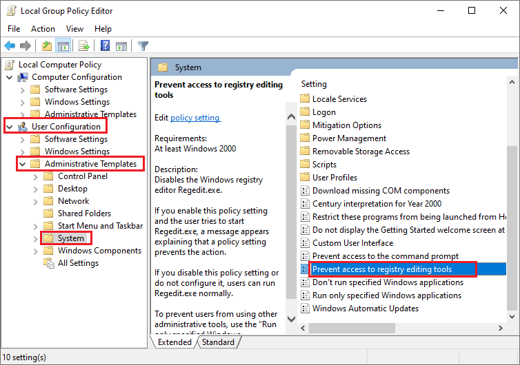 Chọn Prevent access to registry editing tools