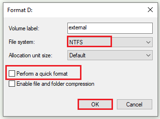 uncheck the Perform a quick format option
