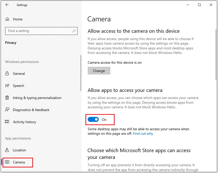 turn on the Allow apps to access your camera switch