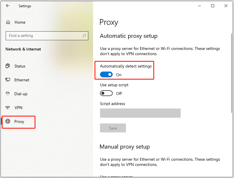turn off the Automatically detect settings option