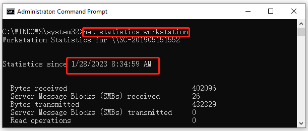 check uptime using Net Statistics in CMD