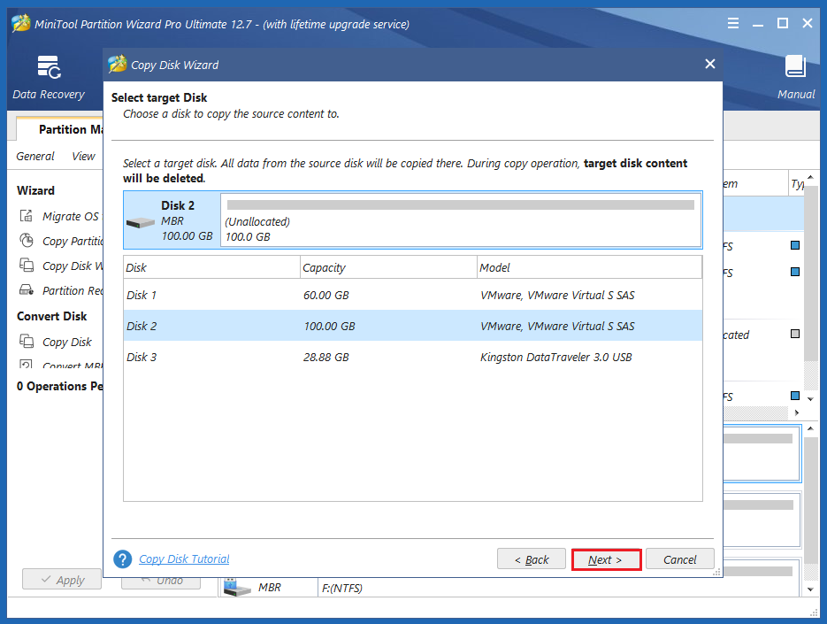 select the destination disk and click Next