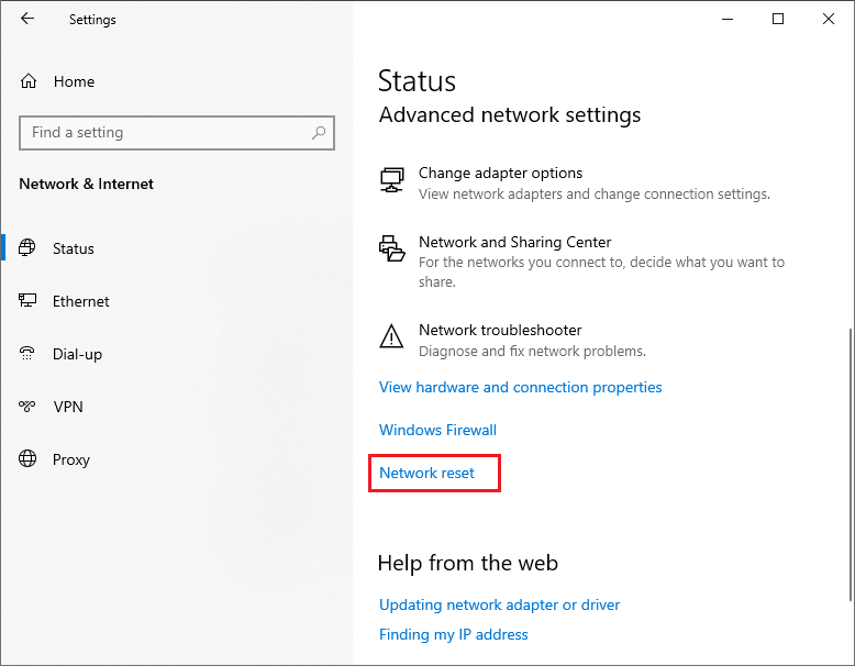 Chọn Network reset