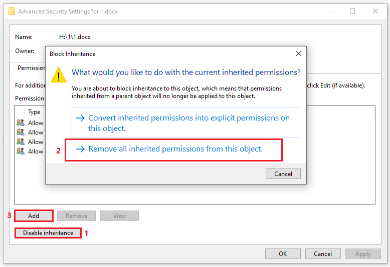 select Remove all inherited permissions from this object