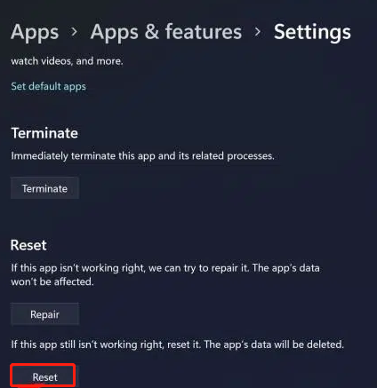 click reset settings Windows 11