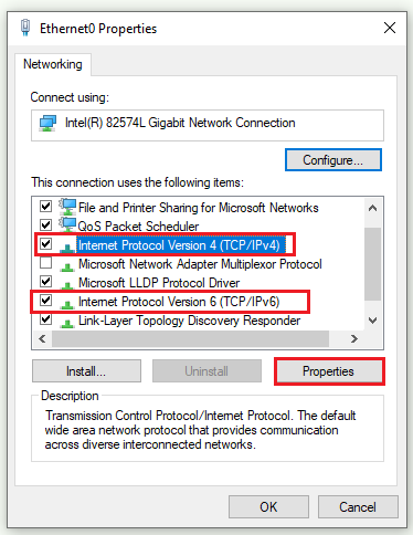 select Internet Protocol Version 4 (TCP/IPv4) or Internet Protocol Version 6 (TCP/IPv6)