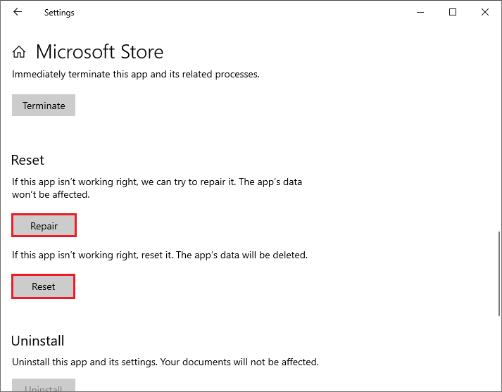 repair or reset Microsoft Store
