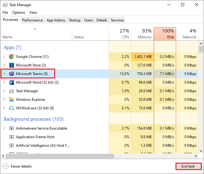 close the Microsoft Teams process