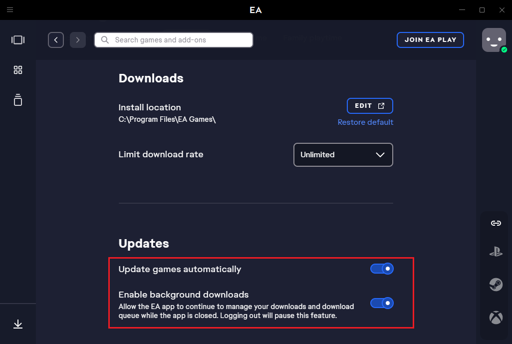 turn on Update games automatically