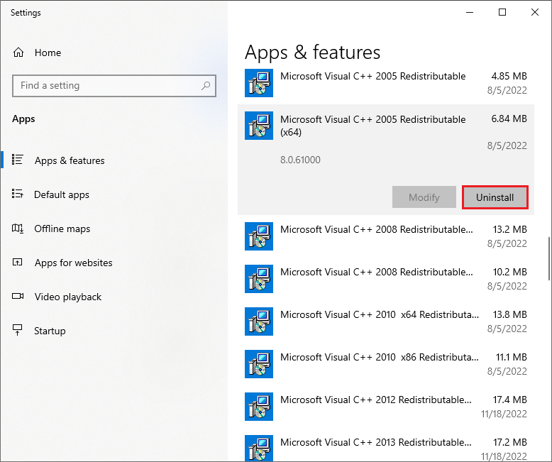 uninstall all the Microsoft Visual C++ programs