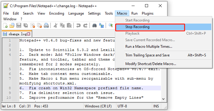 select Stop Recording in Notepad