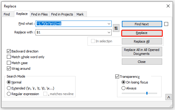 remove the duplicate lines in Notepad via Replace