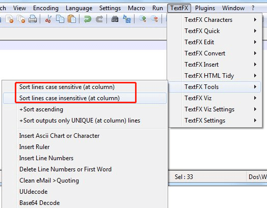 select sort lines case sensitive Notepad