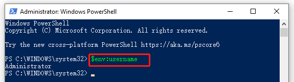 get username PowerShell via env