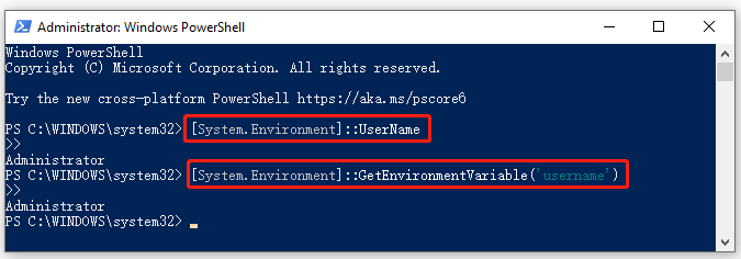 get username PowerShell using the NET Environment